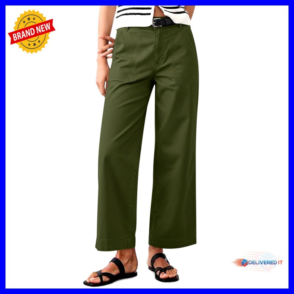 High Waisted Wide Leg Cropped Pants, Stretch Cotton Blend, Elastic Waist Casual